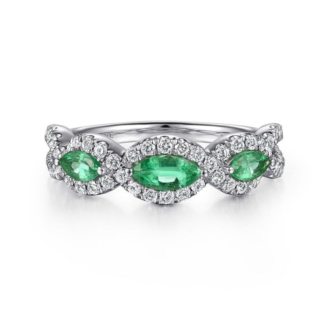 Gabriel & Co. LR50257W45EA 14K White Gold Twisted Diamond Rows and Emerald Marquise Stones Ring