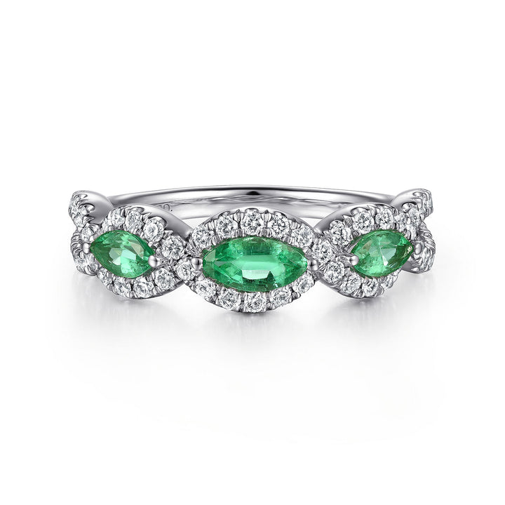 Gabriel & Co. LR50257W45EA 14K White Gold Twisted Diamond Rows and Emerald Marquise Stones Ring