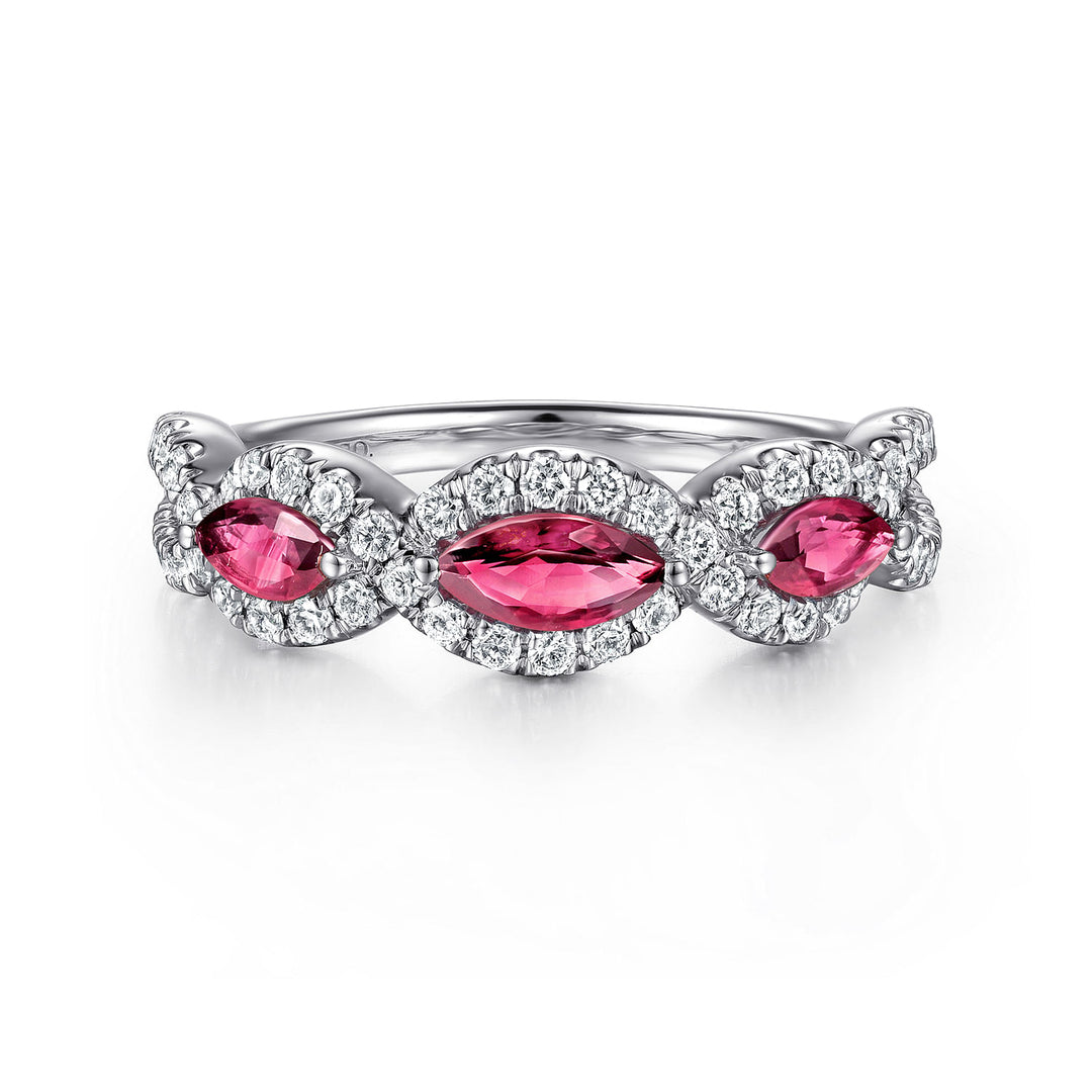 Gabriel & Co. LR50257W45RA 14K White Gold Twisted Diamond Rows and Ruby Marquise Stones Ring