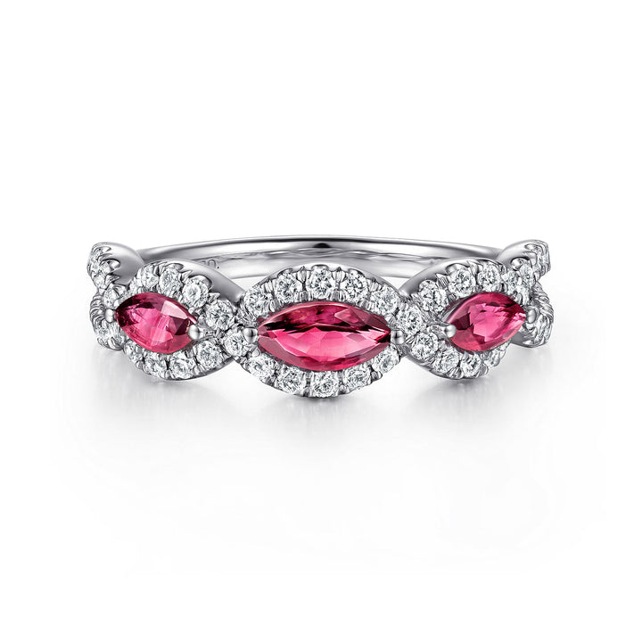 Gabriel & Co. LR50257W45RA 14K White Gold Twisted Diamond Rows and Ruby Marquise Stones Ring