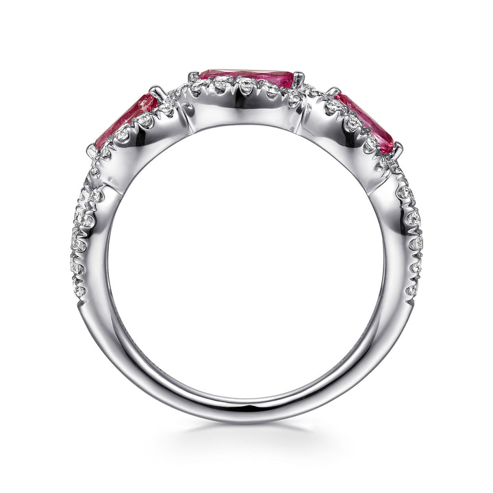 Gabriel & Co. LR50257W45RA 14K White Gold Twisted Diamond Rows and Ruby Marquise Stones Ring