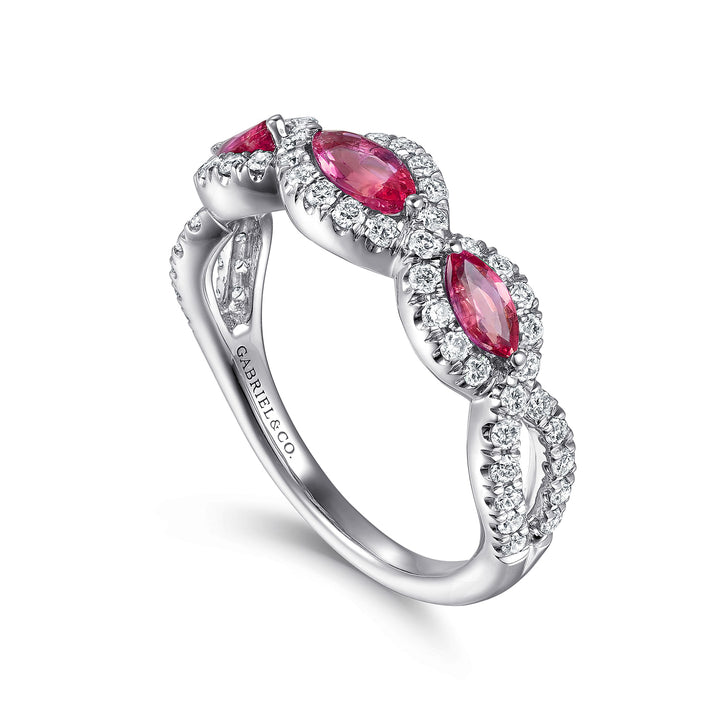 Gabriel & Co. LR50257W45RA 14K White Gold Twisted Diamond Rows and Ruby Marquise Stones Ring