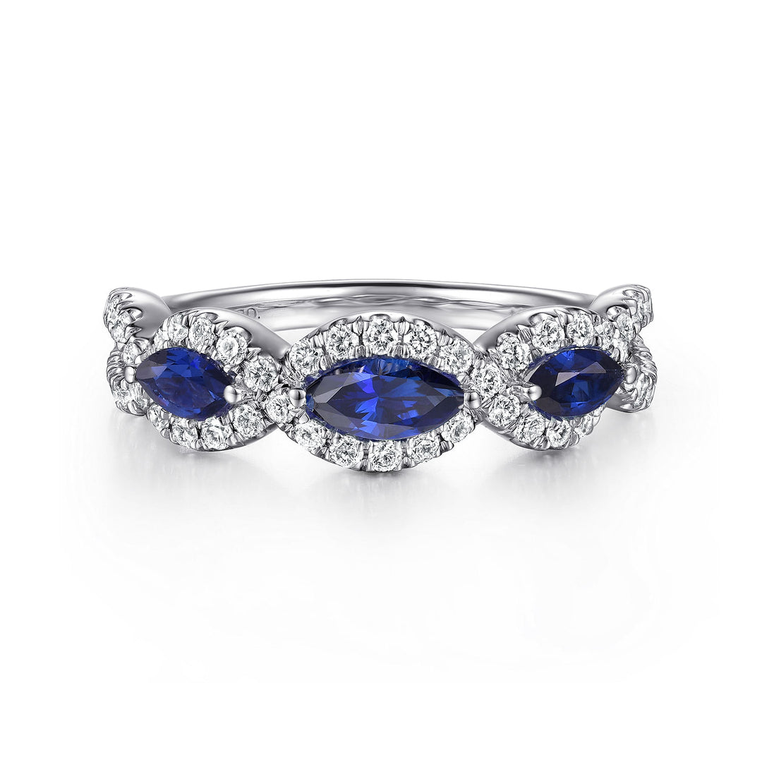 Gabriel & Co. LR50257W45SA 14K White Gold Twisted Diamond Rows and Sapphire Marquise Stones Ring