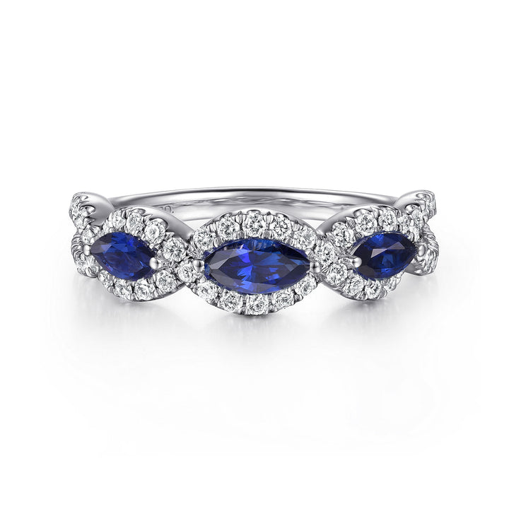Gabriel & Co. LR50257W45SA 14K White Gold Twisted Diamond Rows and Sapphire Marquise Stones Ring
