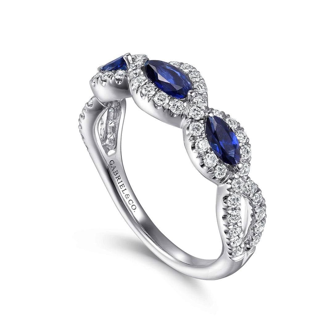Gabriel & Co. LR50257W45SA 14K White Gold Twisted Diamond Rows and Sapphire Marquise Stones Ring