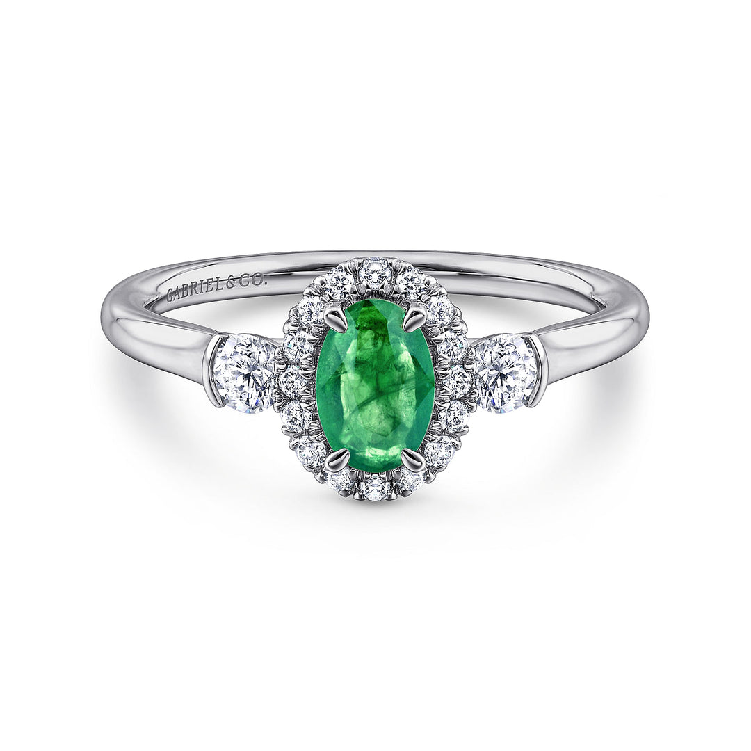 Gabriel & Co. LR51070W44EA 14K White Gold Oval Emerald and Diamond Halo Three Stone Ring