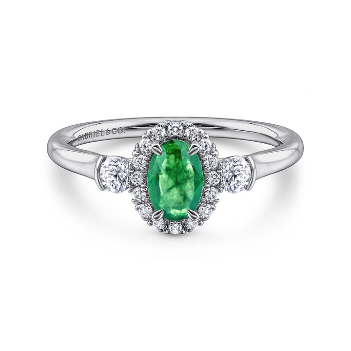 Gabriel & Co. LR51070W44EA 14K White Gold Oval Emerald and Diamond Halo Three Stone Ring