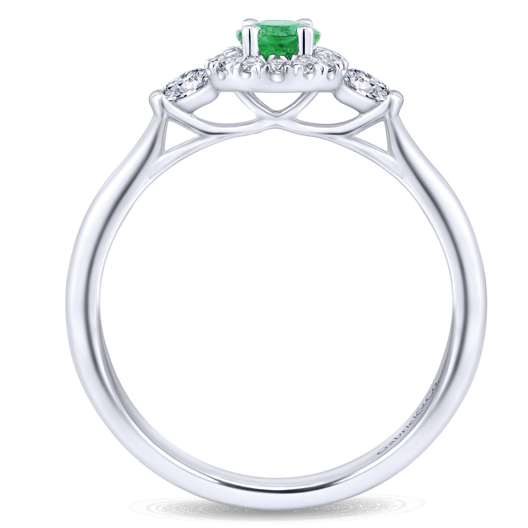 Gabriel & Co. LR51070W44EA 14K White Gold Oval Emerald and Diamond Halo Three Stone Ring