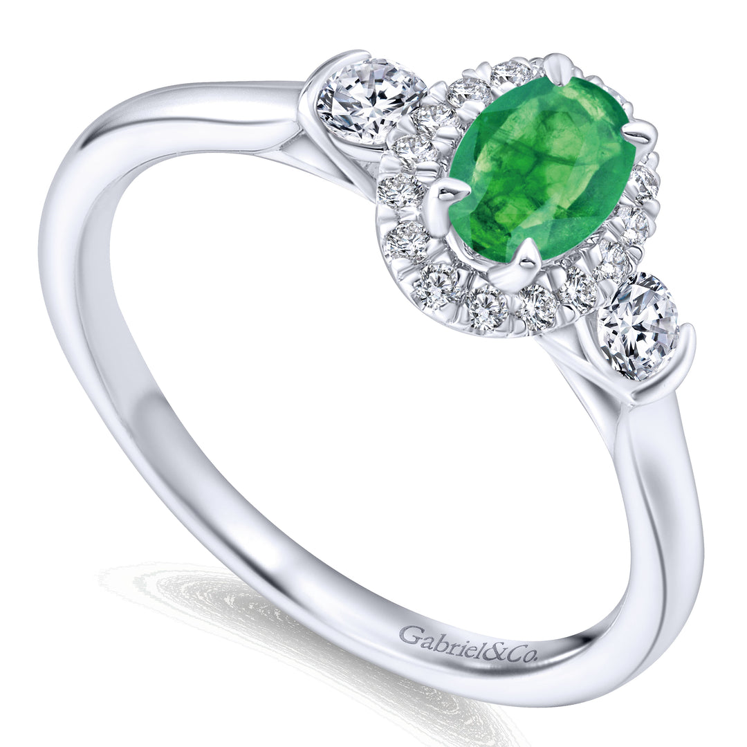 Gabriel & Co. LR51070W44EA 14K White Gold Oval Emerald and Diamond Halo Three Stone Ring