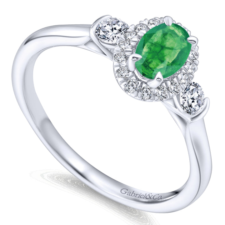 Gabriel & Co. LR51070W44EA 14K White Gold Oval Emerald and Diamond Halo Three Stone Ring