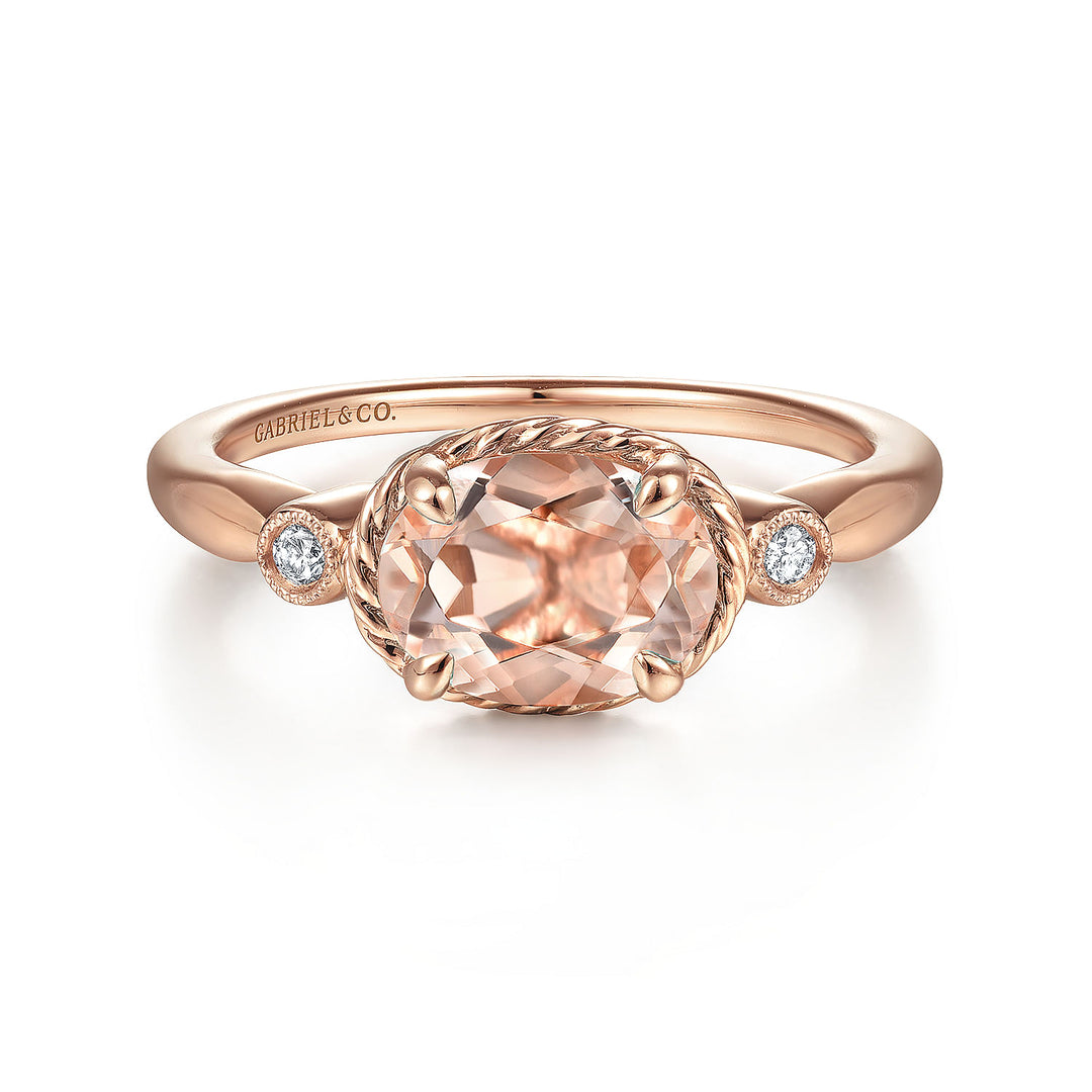 Gabriel & Co. LR51435K45MO 14K Rose Gold Horizontal Oval Morganite and Diamond Three Stone Ring
