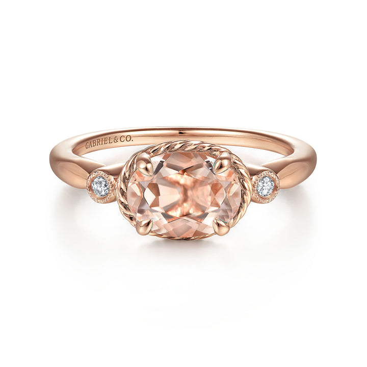 Gabriel & Co. LR51435K45MO 14K Rose Gold Horizontal Oval Morganite and Diamond Three Stone Ring