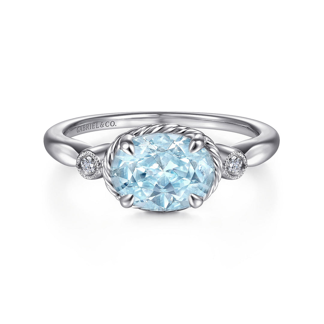 Gabriel & Co. LR51435W45AQ 14K White Gold Oval Aquamarine and Diamond Three Stone Ring