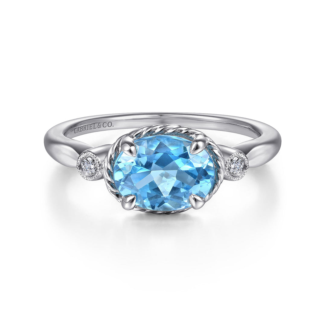 Gabriel & Co. LR51435W45BT 14K White Gold Oval Swiss Blue Topaz & Diamond Three Stone Ring