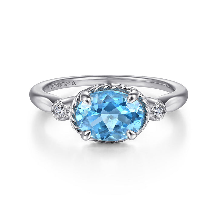 Gabriel & Co. LR51435W45BT 14K White Gold Oval Swiss Blue Topaz & Diamond Three Stone Ring