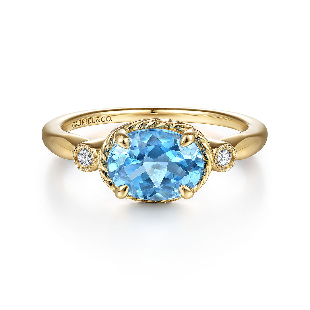 Gabriel & Co. LR51435Y45BT 14K Yellow Gold Oval Swiss Blue Topaz and Diamond Three Stone Ring
