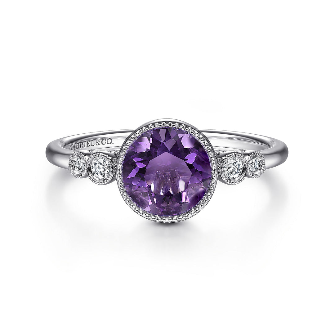 Gabriel & Co. LR51448W45AM 14K White Gold Round Bezel Set Amethyst and Diamond Ring