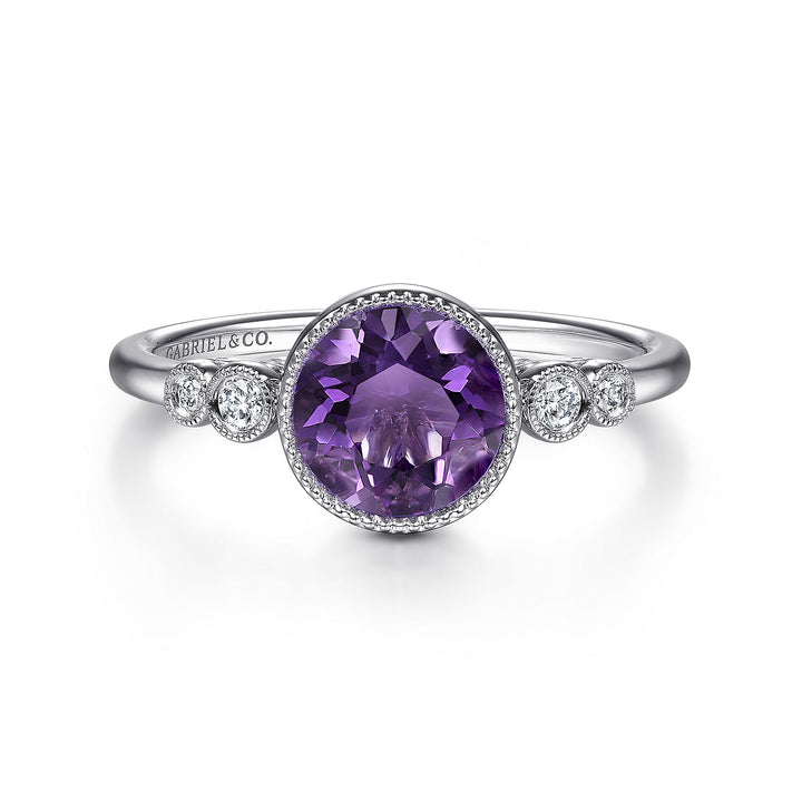 Gabriel & Co. LR51448W45AM 14K White Gold Round Bezel Set Amethyst and Diamond Ring