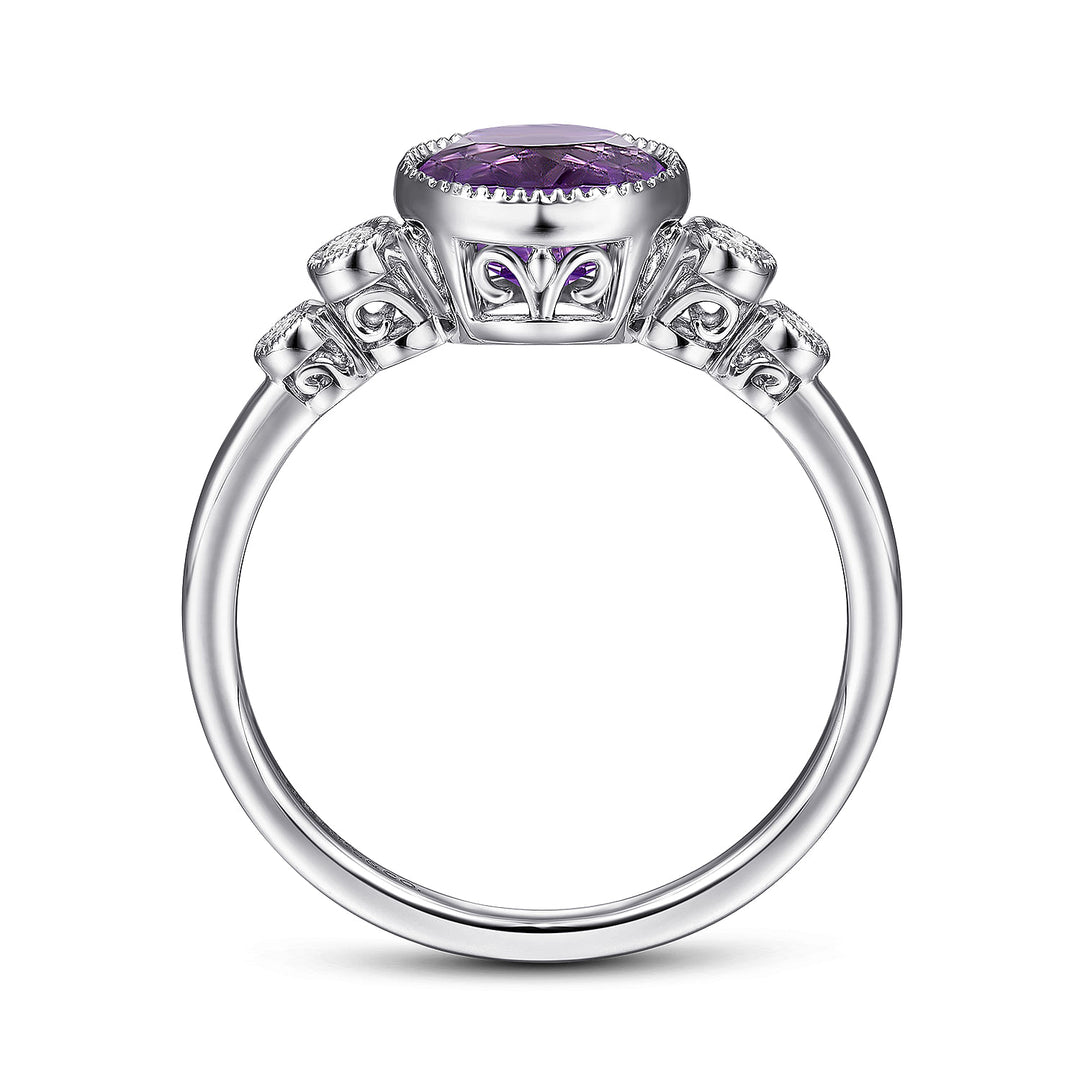 Gabriel & Co. LR51448W45AM 14K White Gold Round Bezel Set Amethyst and Diamond Ring