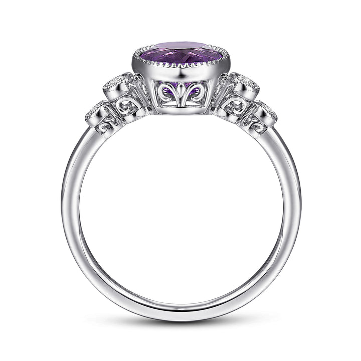Gabriel & Co. LR51448W45AM 14K White Gold Round Bezel Set Amethyst and Diamond Ring