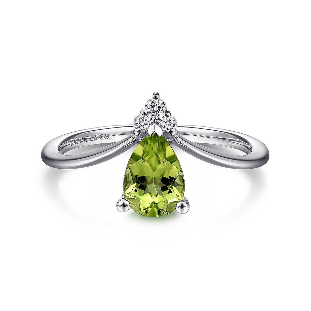 Gabriel & Co. LR51453W45PE 14K White Gold Teardrop Peridot and Diamond Chevron Ring