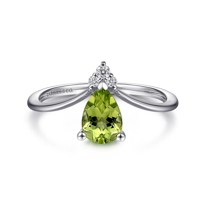 Gabriel & Co. LR51453W45PE 14K White Gold Teardrop Peridot and Diamond Chevron Ring