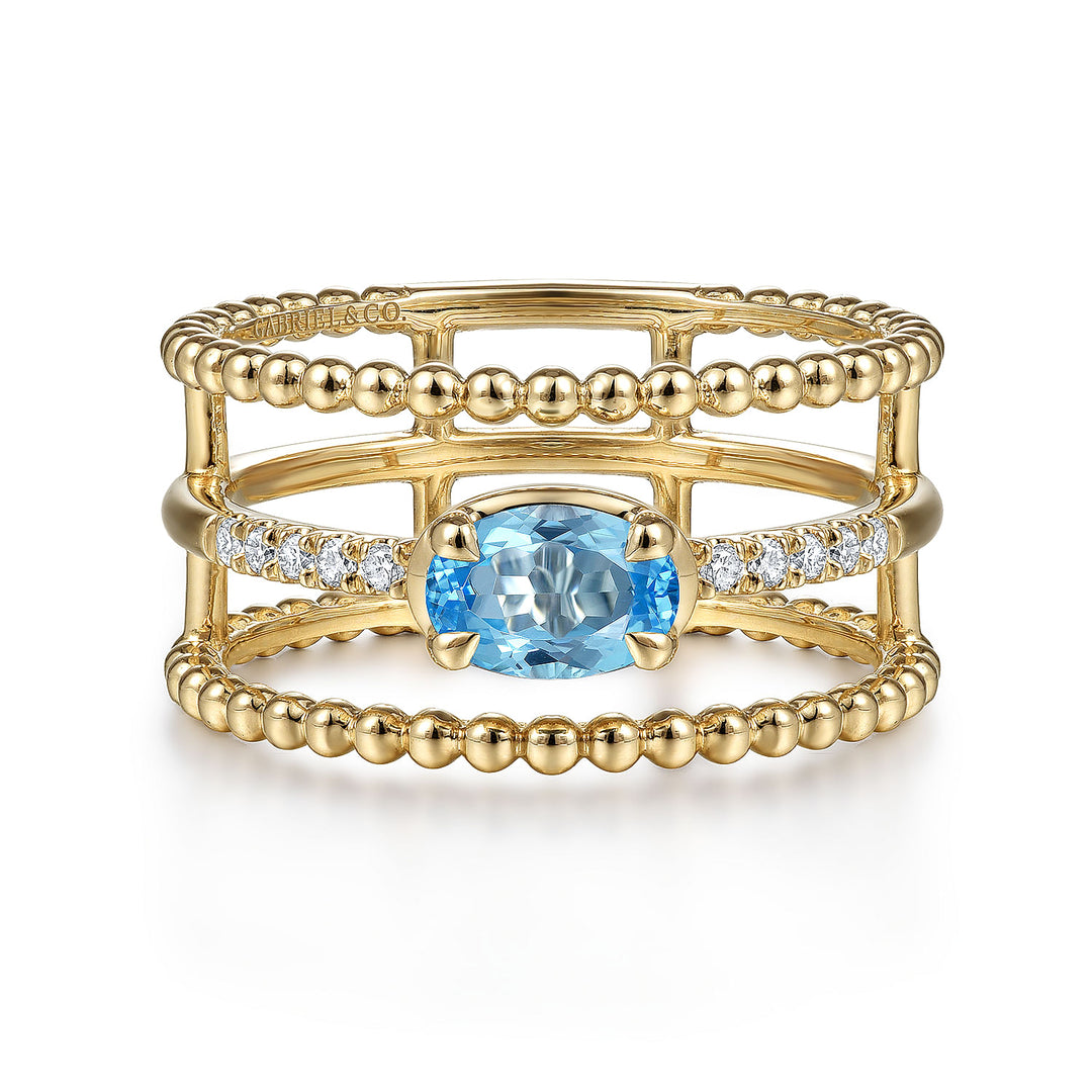 Gabriel & Co. LR51458Y45BT 14K Yellow Gold Oval Swiss Blue Topaz and Diamond Three Row Ring