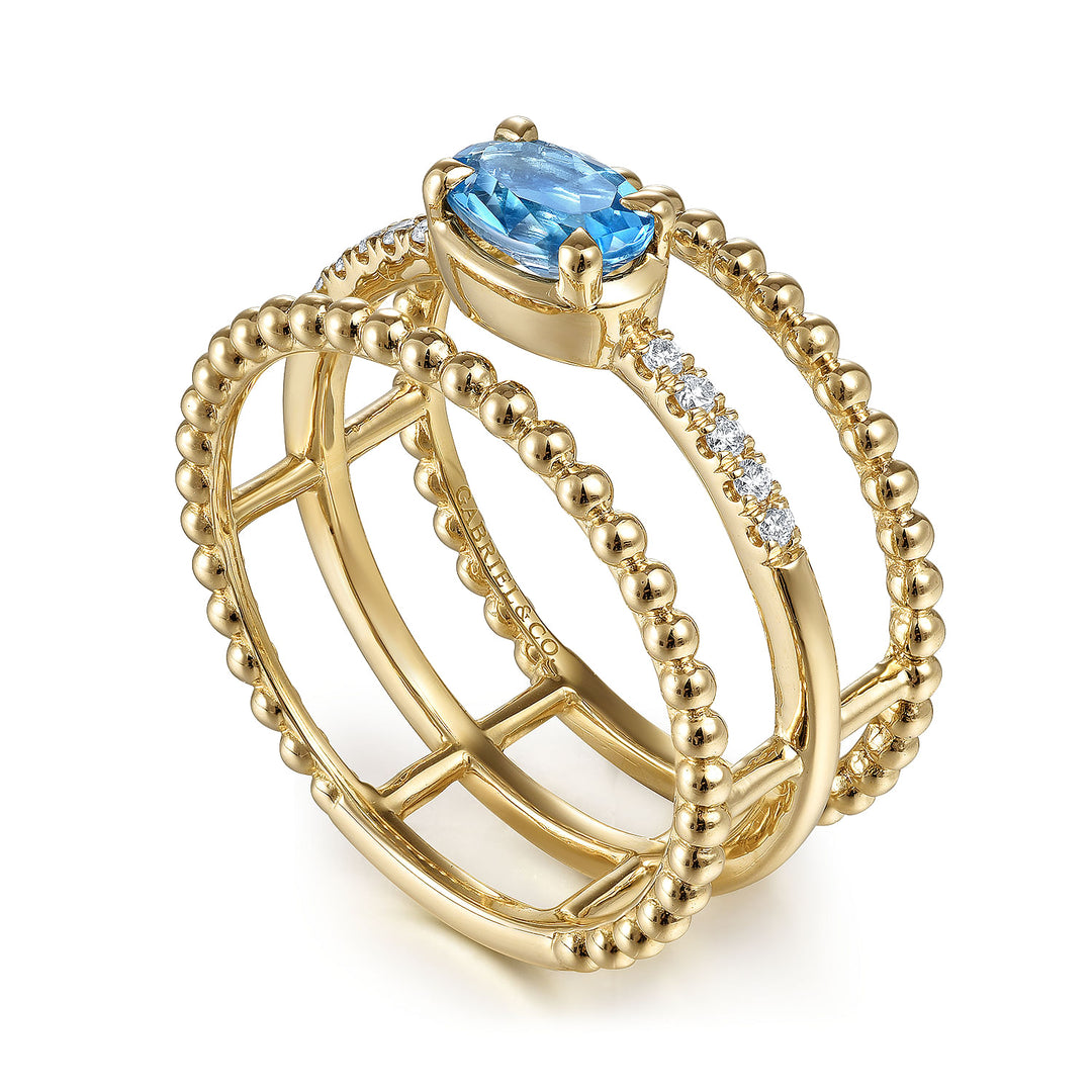Gabriel & Co. LR51458Y45BT 14K Yellow Gold Oval Swiss Blue Topaz and Diamond Three Row Ring