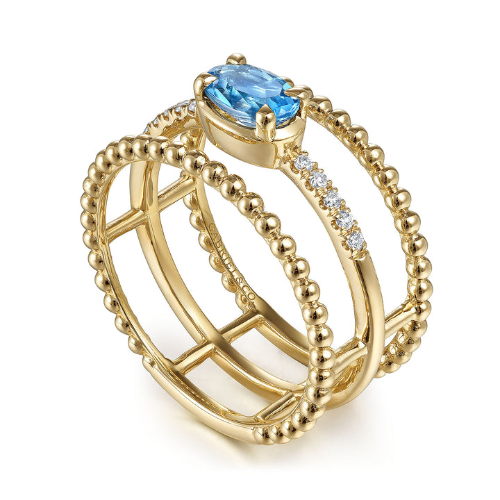 Gabriel & Co. LR51458Y45BT 14K Yellow Gold Oval Swiss Blue Topaz and Diamond Three Row Ring