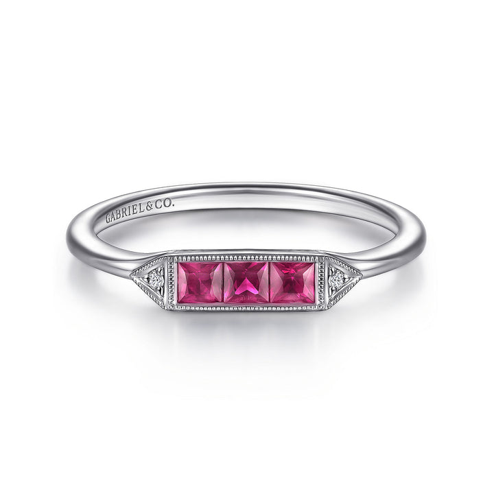 Gabriel & Co. LR51464W45RA 14K White Gold Diamond and Trio Princess Cut Ruby Ladies Ring