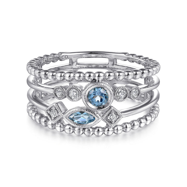 Gabriel & Co. LR51466W45BT 14K White Gold Swiss Blue Topaz and Diamond Multi Row Ring