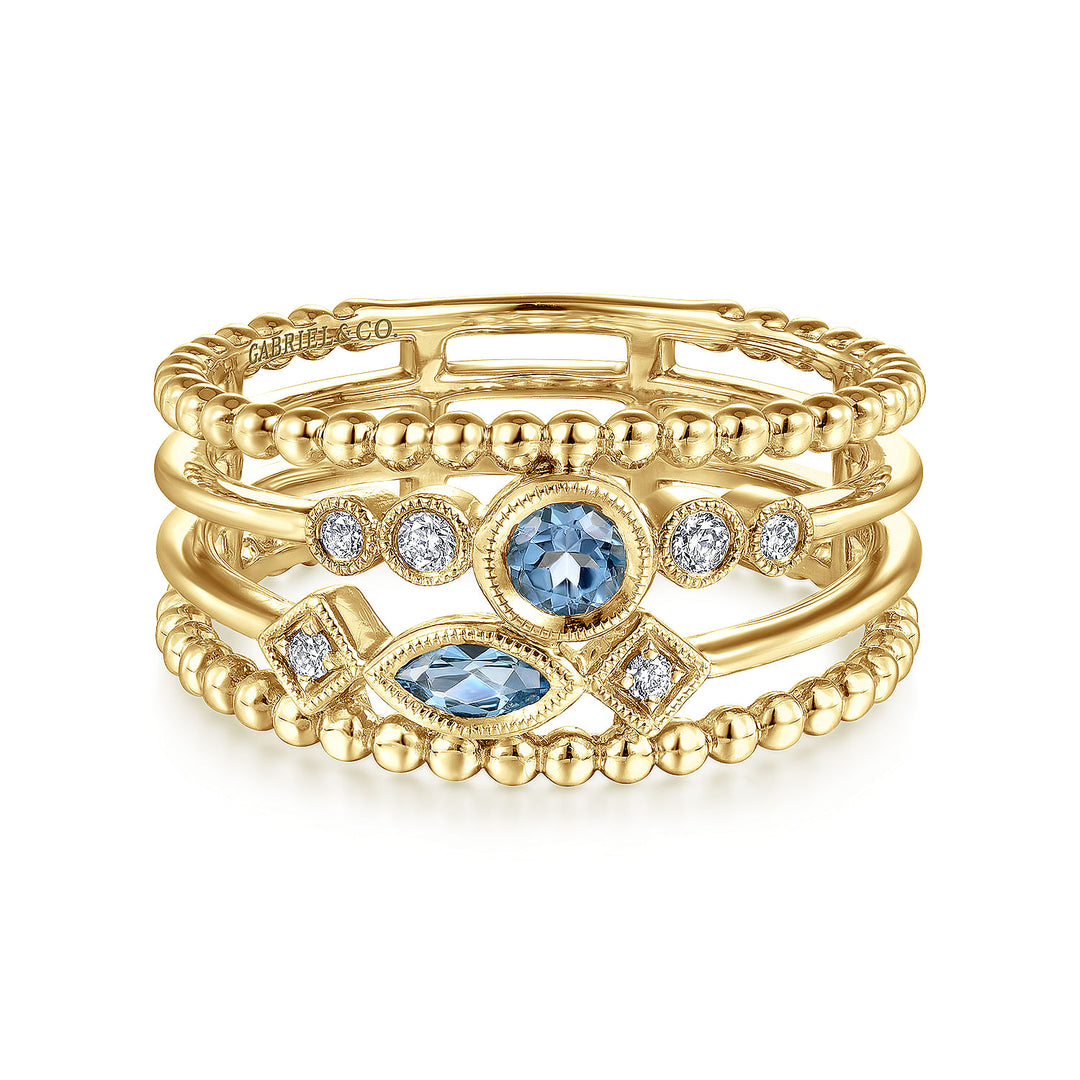 Gabriel & Co. LR51466Y45BT 14K Yellow Gold Swiss Blue Topaz and Diamond Multi Row Ring
