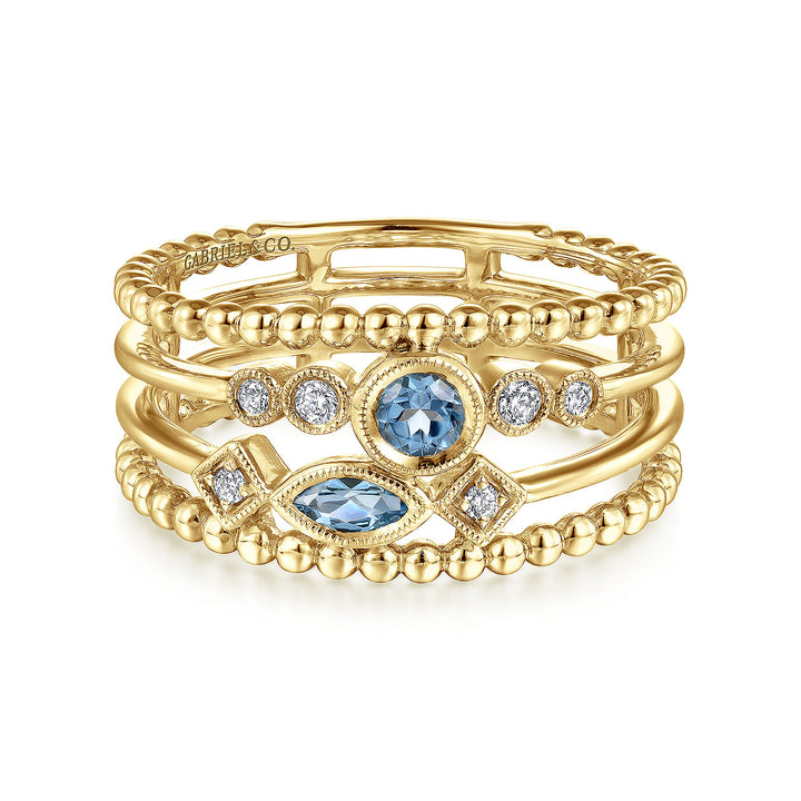 Gabriel & Co. LR51466Y45BT 14K Yellow Gold Swiss Blue Topaz and Diamond Multi Row Ring