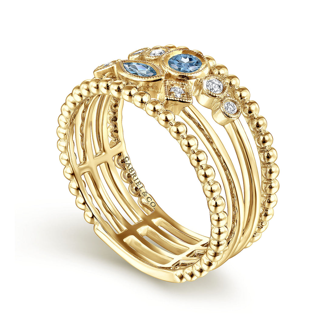 Gabriel & Co. LR51466Y45BT 14K Yellow Gold Swiss Blue Topaz and Diamond Multi Row Ring