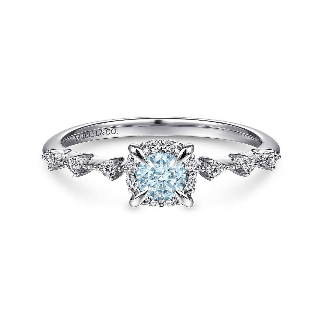 Gabriel & Co. LR51467W45AQ 14K White Gold Round Aquamarine and Diamond Halo Ring