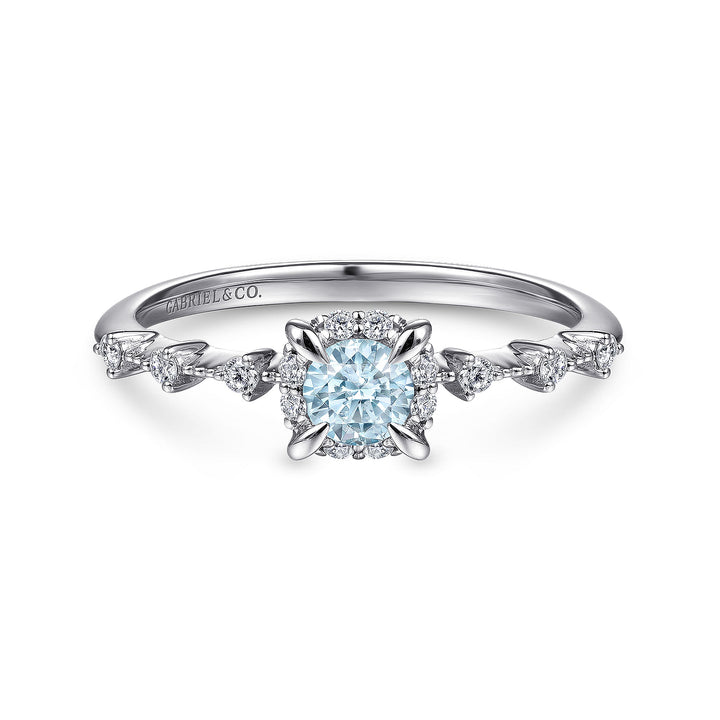 Gabriel & Co. LR51467W45AQ 14K White Gold Round Aquamarine and Diamond Halo Ring