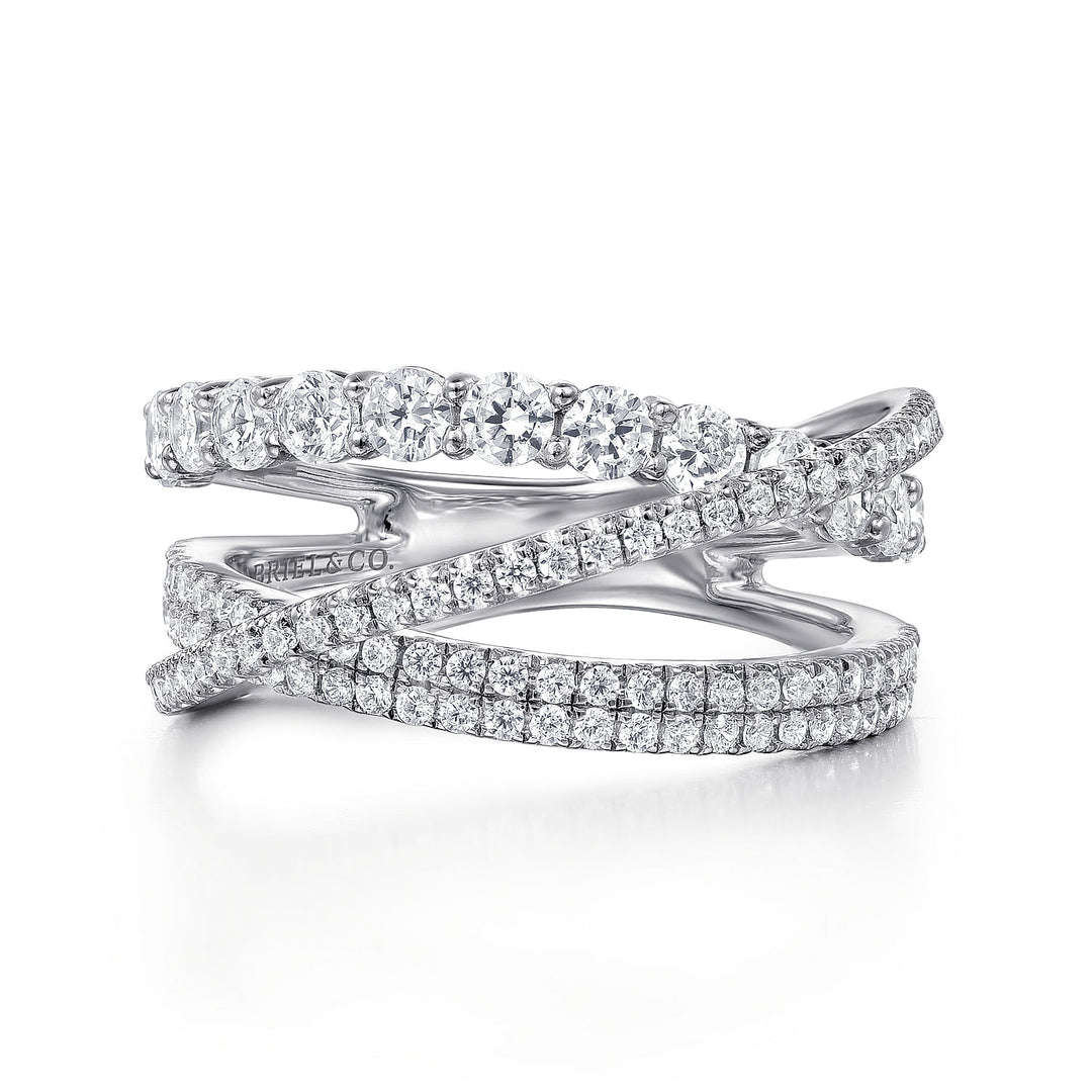Gabriel & Co. LR51499W45JJ 14K White Gold Criss Crossing Layered Diamond Ring in size 9.5mm width