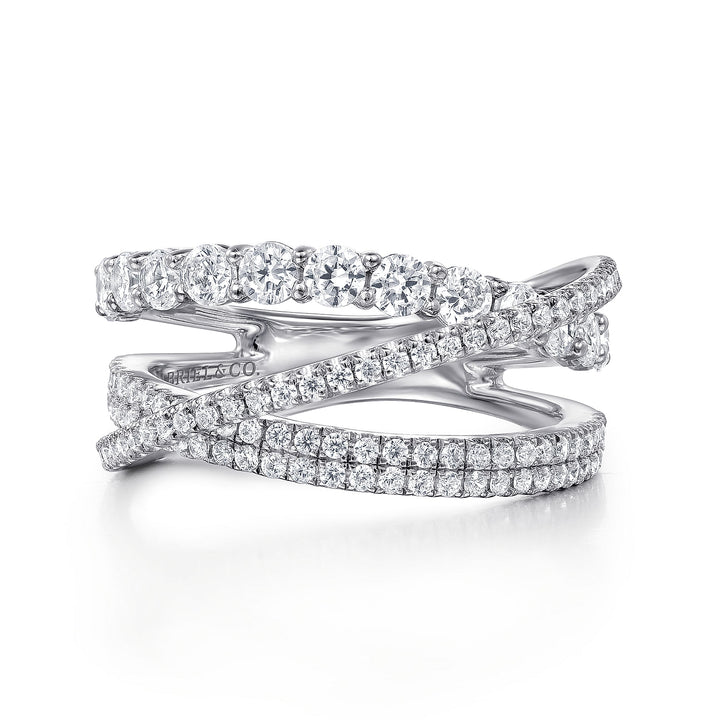 Gabriel & Co. LR51499W45JJ 14K White Gold Criss Crossing Layered Diamond Ring in size 9.5mm width