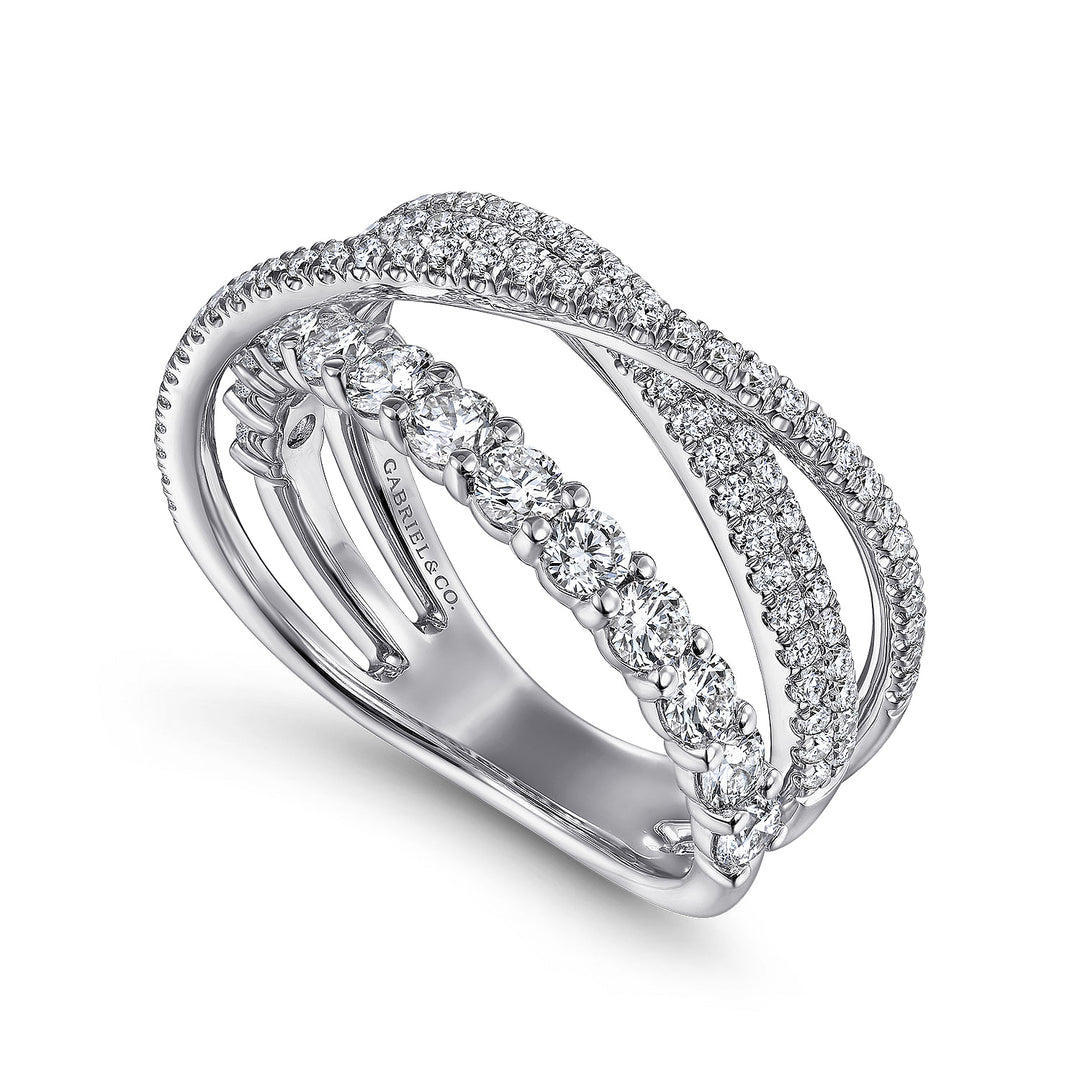 Gabriel & Co. LR51499W45JJ 14K White Gold Criss Crossing Layered Diamond Ring in size 9.5mm width
