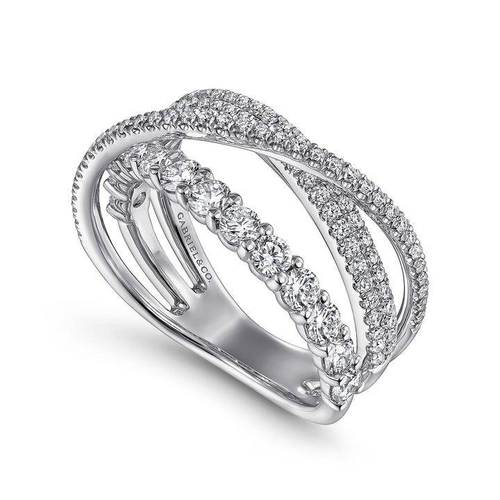 Gabriel & Co. LR51499W45JJ 14K White Gold Criss Crossing Layered Diamond Ring in size 9.5mm width