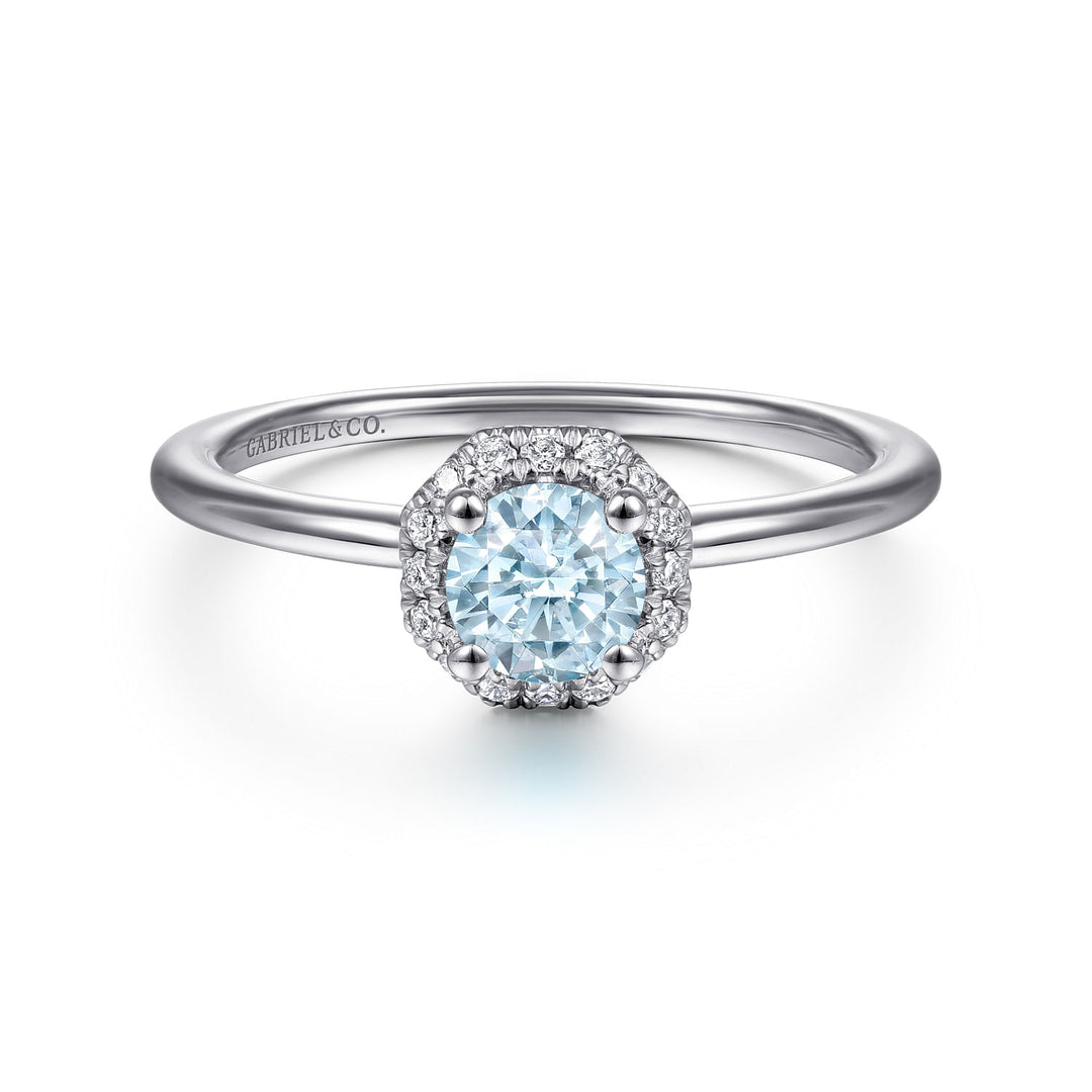Gabriel & Co. LR51511W45AQ 14K White Gold Octagonal Halo Aquamarine and Diamond Ring