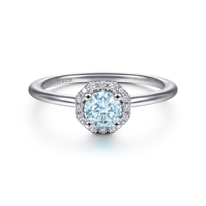 Gabriel & Co. LR51511W45AQ 14K White Gold Octagonal Halo Aquamarine and Diamond Ring