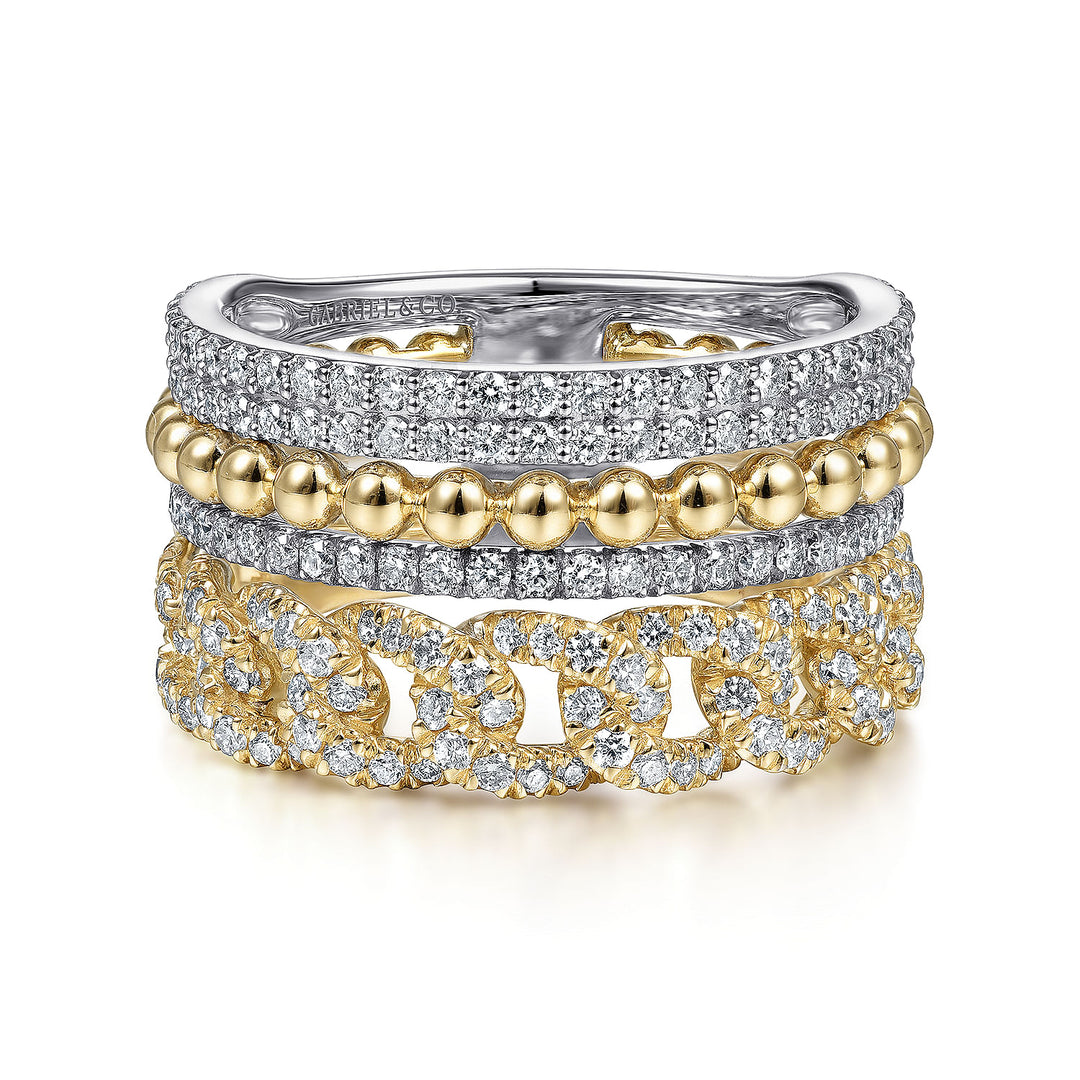 Gabriel & Co. LR51517M45JJ 14K White Yellow Gold Wide Band Layered Diamond Easy Stackable in size 11.4mm width