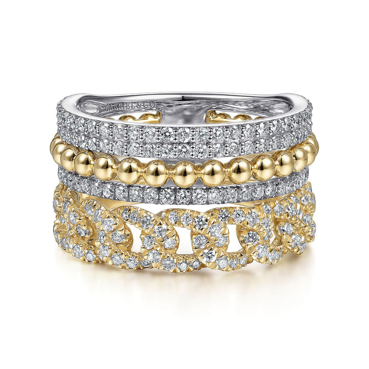 Gabriel & Co. LR51517M45JJ 14K White Yellow Gold Wide Band Layered Diamond Easy Stackable in size 11.4mm width