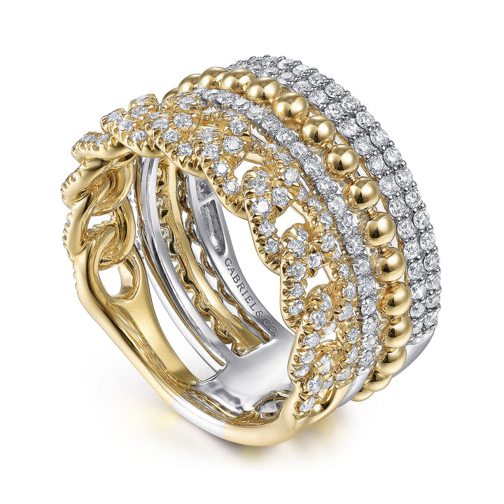 Gabriel & Co. LR51517M45JJ 14K White Yellow Gold Wide Band Layered Diamond Easy Stackable in size 11.4mm width