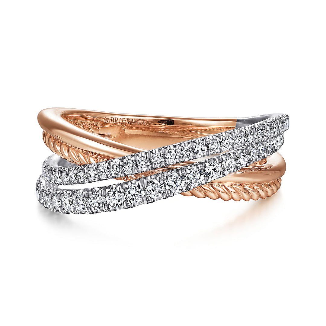 Gabriel & Co. LR51526T45JJ 14K White Rose Gold Twisted Rope and Diamond Criss Cross Ring