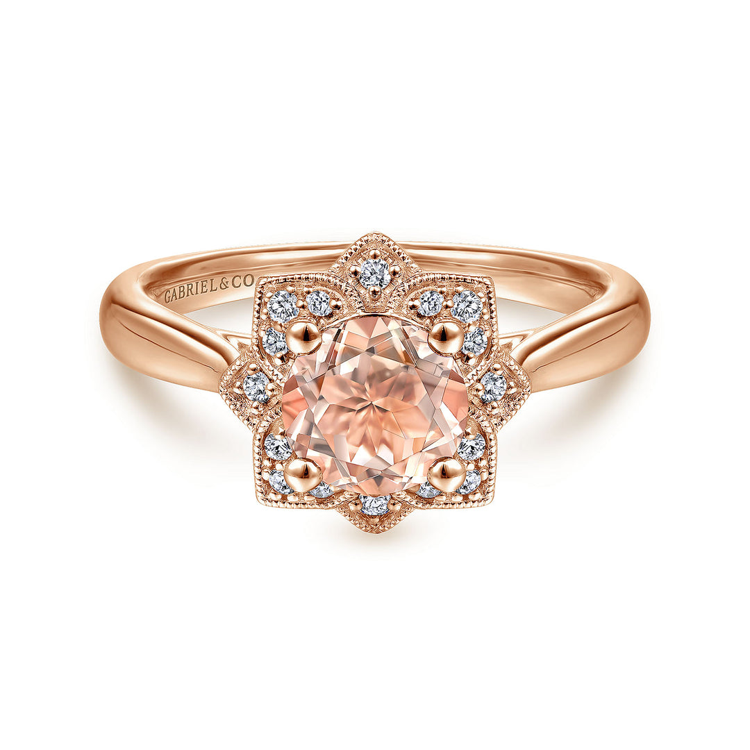 Gabriel & Co. LR51531K45MO 14K Rose Gold Floral Diamond Halo Round Morganite Ring