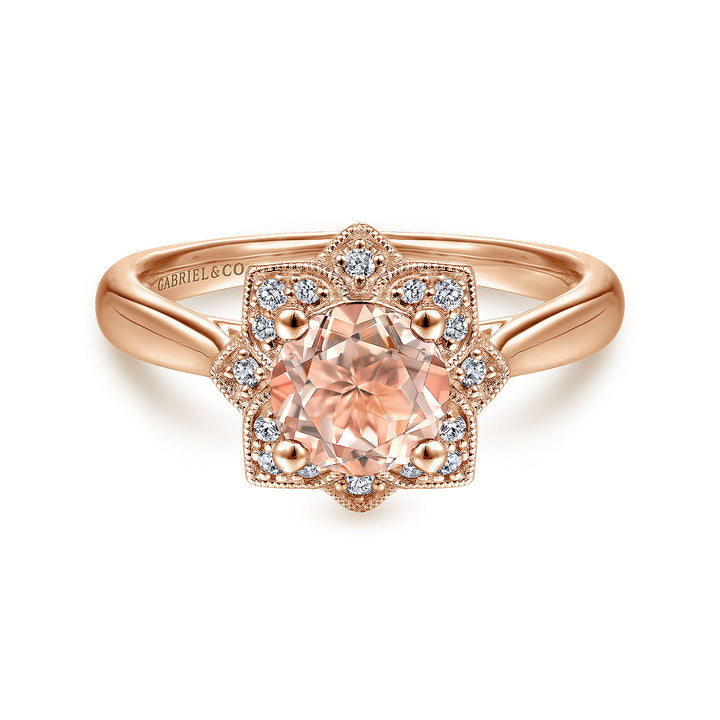 Gabriel & Co. LR51531K45MO 14K Rose Gold Floral Diamond Halo Round Morganite Ring