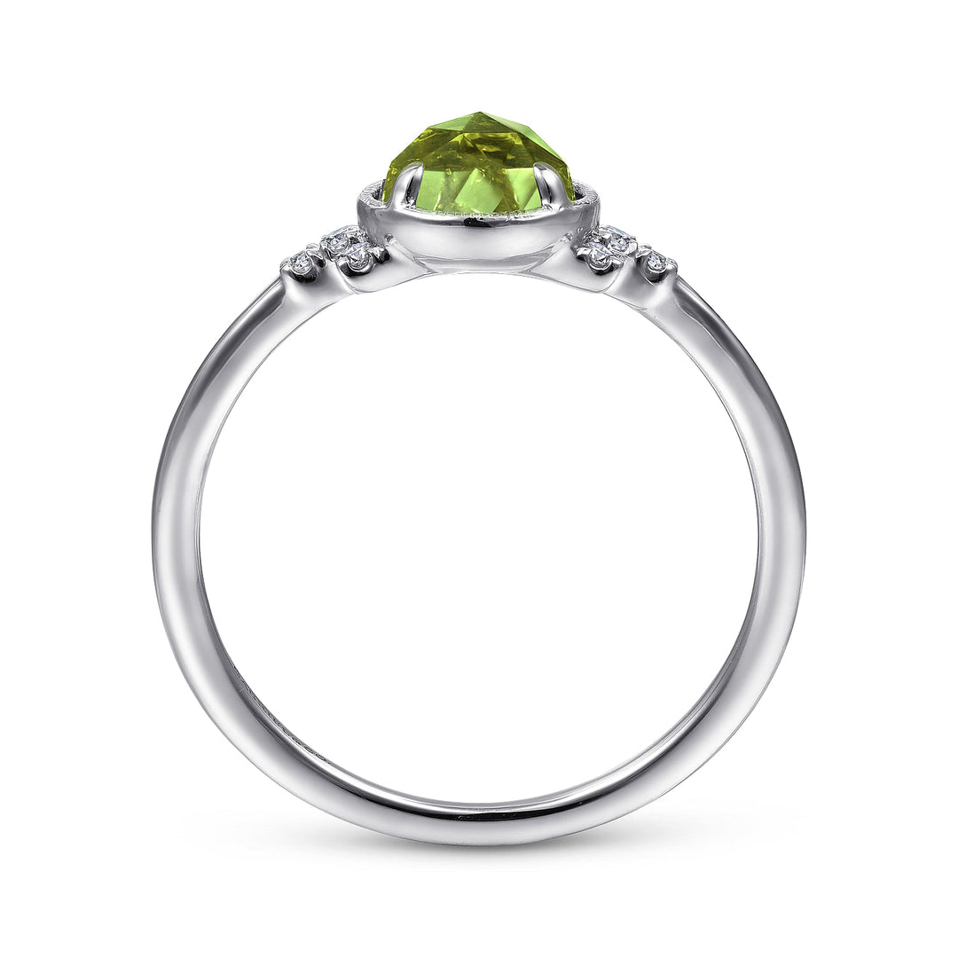 Gabriel & Co. LR51598W45PE 14K White Gold Round Bezel Set Peridot Ring with Diamond Side Accents