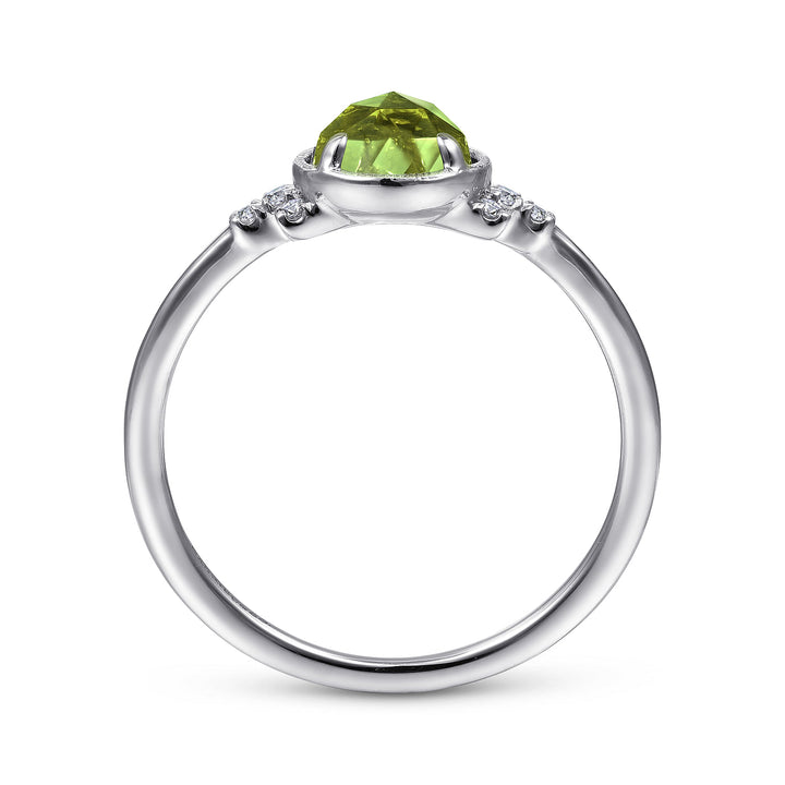 Gabriel & Co. LR51598W45PE 14K White Gold Round Bezel Set Peridot Ring with Diamond Side Accents
